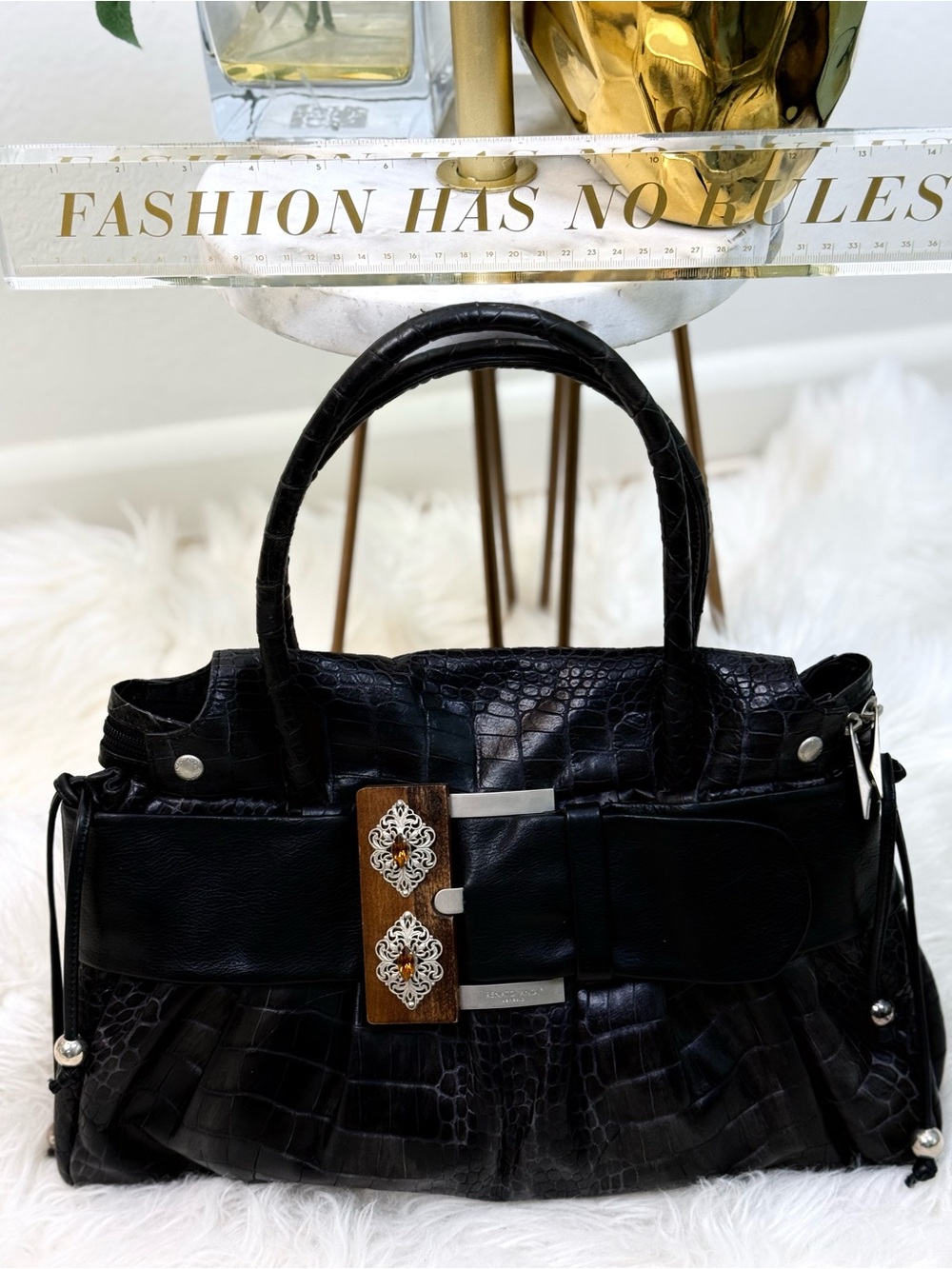Rare Archival Renato Angi Venezia Croc Leather Bag/Wood & Amber Buckle/Archival